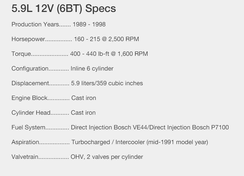 Spécifications 5.9L 12V (6BT)